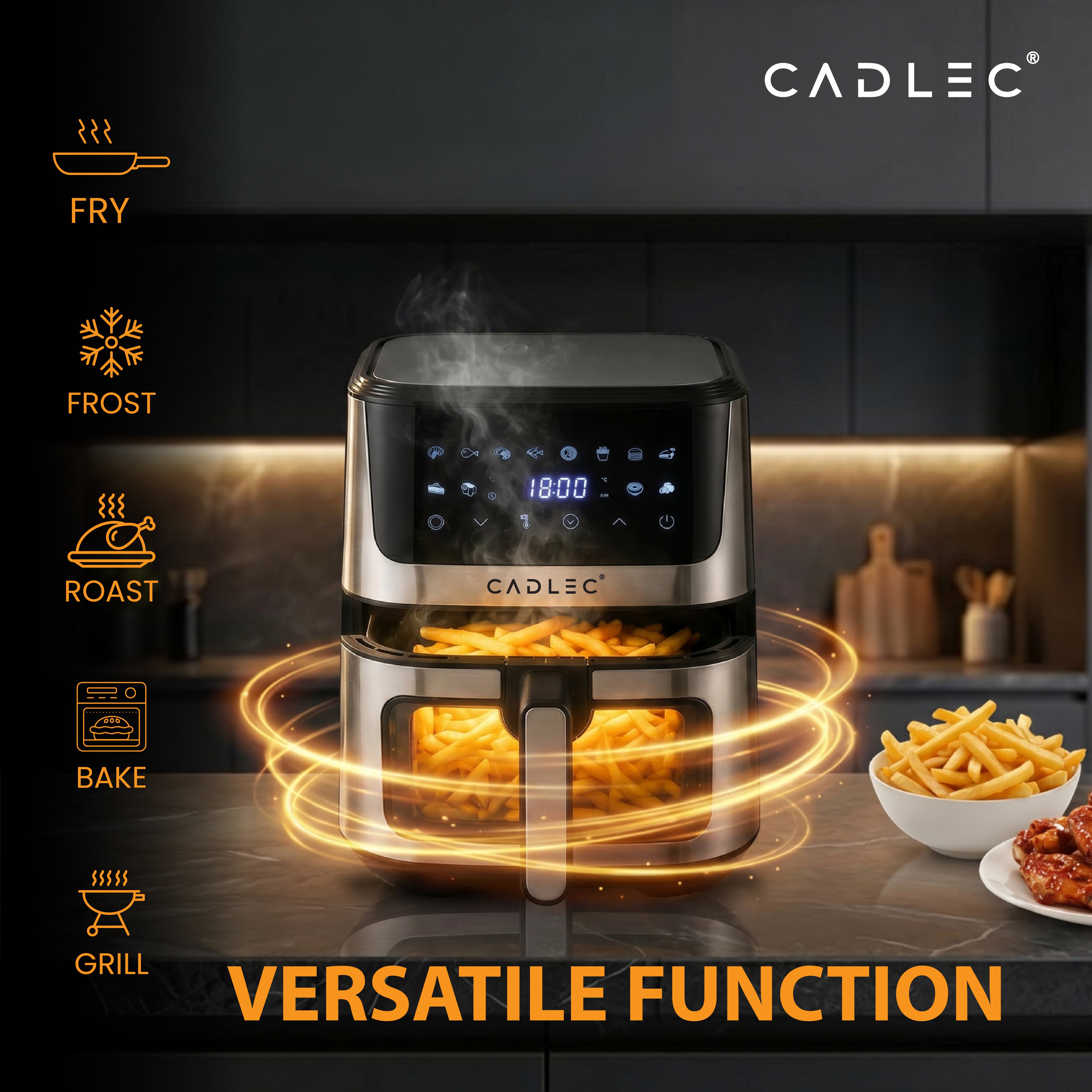 Cadlec AirPulse Air Fryer, 360° High Speed Air Circulation Technology 2100 W with Non-Stick 8L Basket - Black
