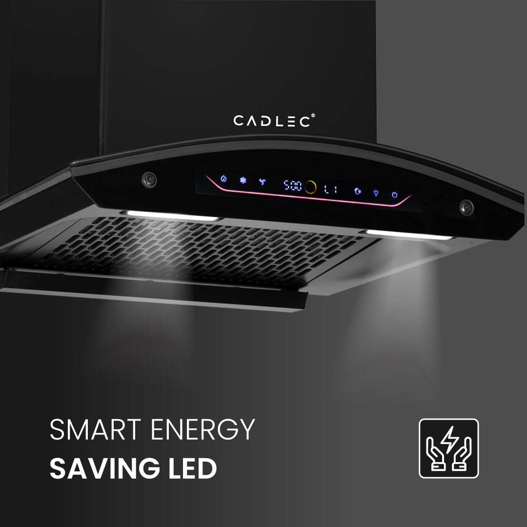 Cadlec CurveFlow 60cm Filterless Curve BLDC Kitchen Chimney | 1800 m³/hr Powerful Suction | Turbo Mode with Autoclean Technology | Feather Touch + Gesture Control | 12-Year Warranty (Black)