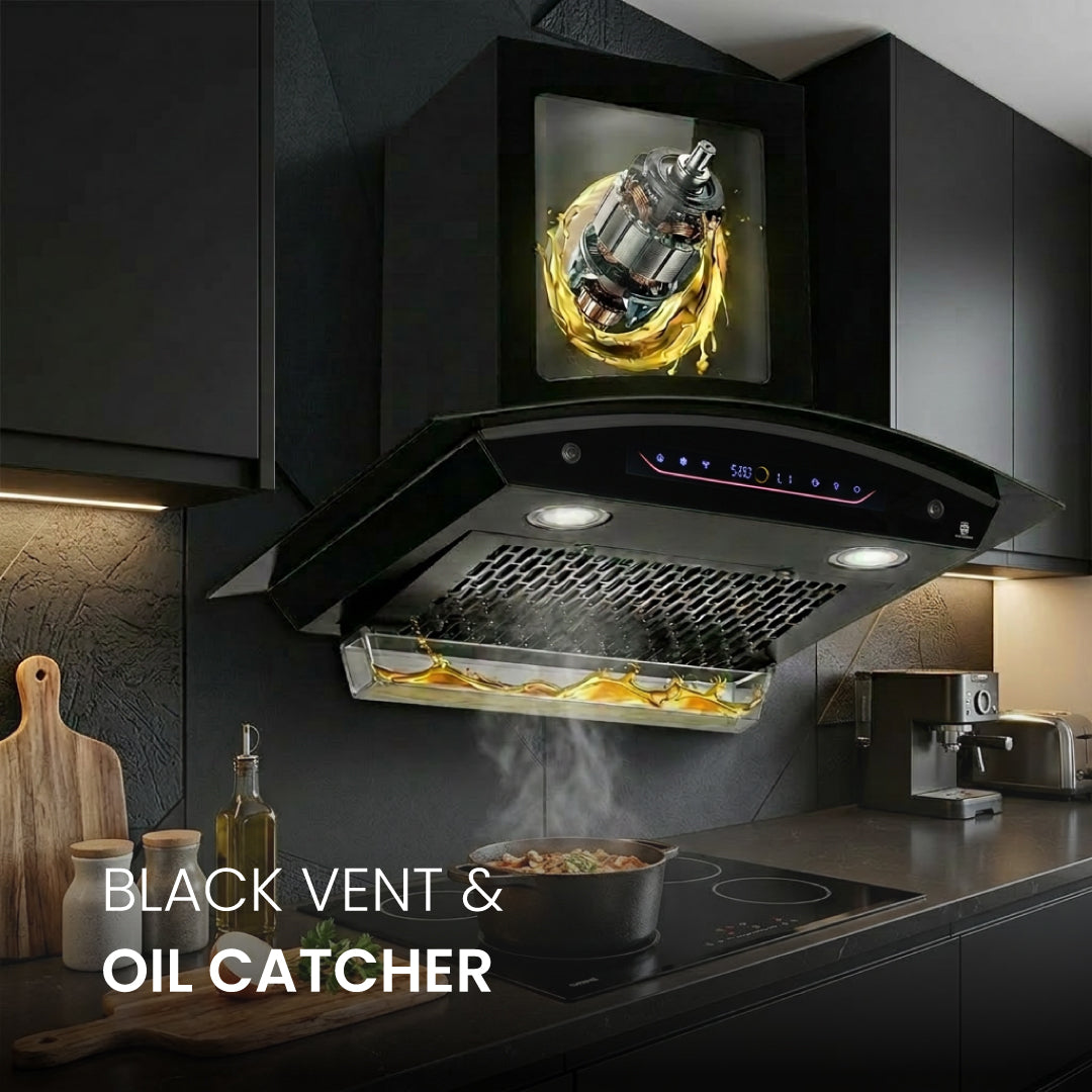 Cadlec CurveFlow 60cm 1800m³/hr BLDC Filterless Auto Clean Curved Glass Kitchen Chimney | Built-in Oil Collector | Touch & Gesture Control | Turbo Mode | 20Y Motor & 5Y Comprehensive Warranty | Black