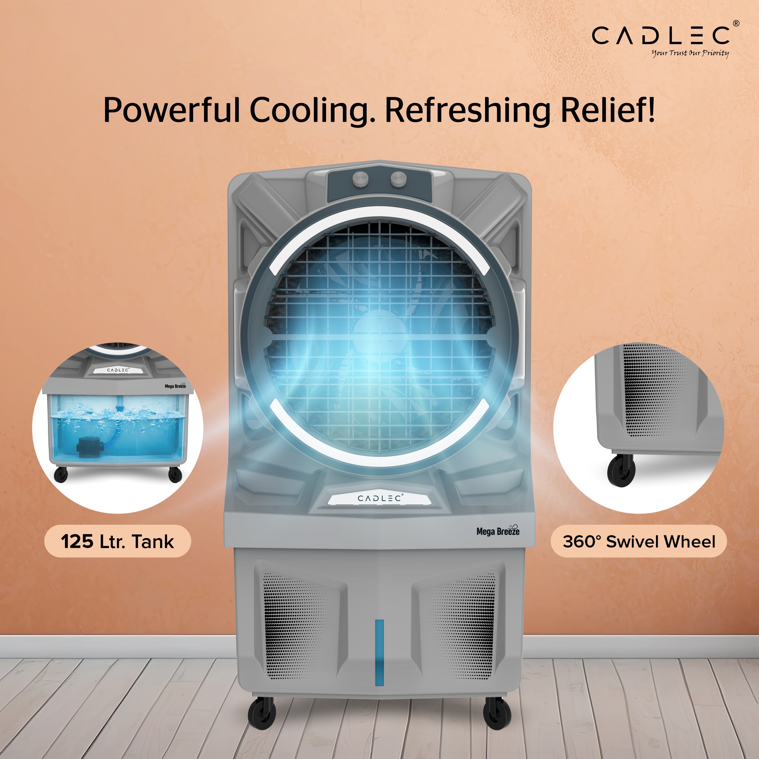 Cadlec MegaBreeze 125L Commercial Air Cooler For Home, High Speed Fan with Powerful Air Throw, Inverter Compatible, Anti-Bacteria Honeycomb Pad, 3 Year Warranty | Grey