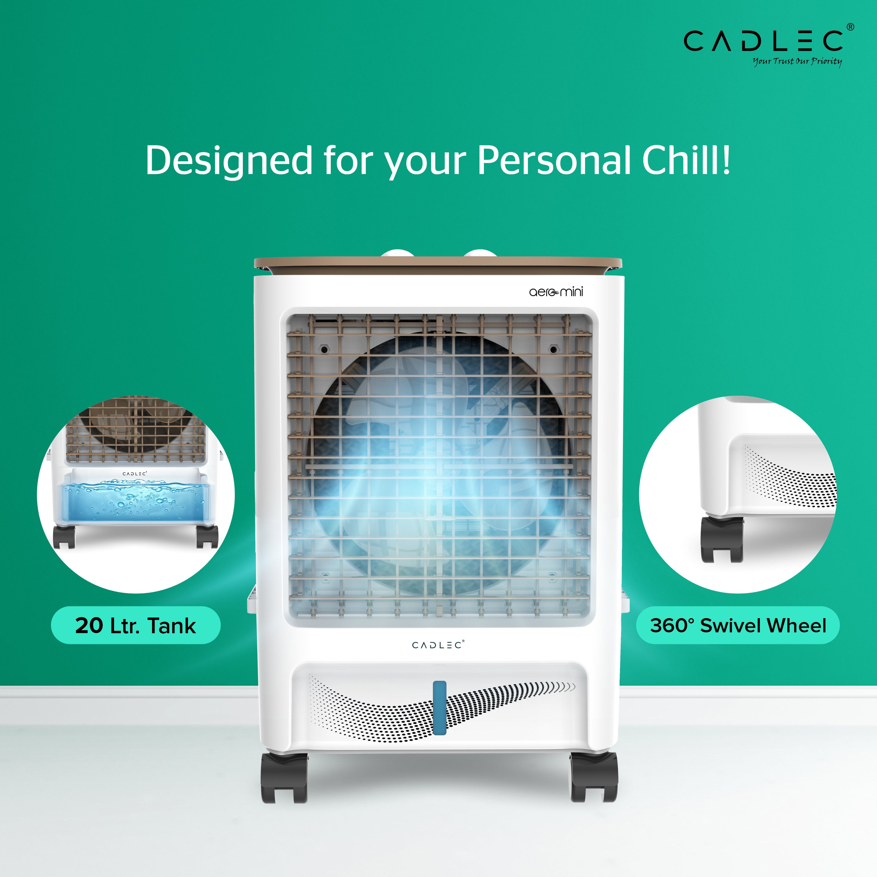 Cadlec AeroMini 20L Personal Air Cooler For Home, High Speed Fan with Powerful Air Throw, Inverter Compatible, Anti-Bacteria Honeycomb Pad, 3 Year Warranty | White