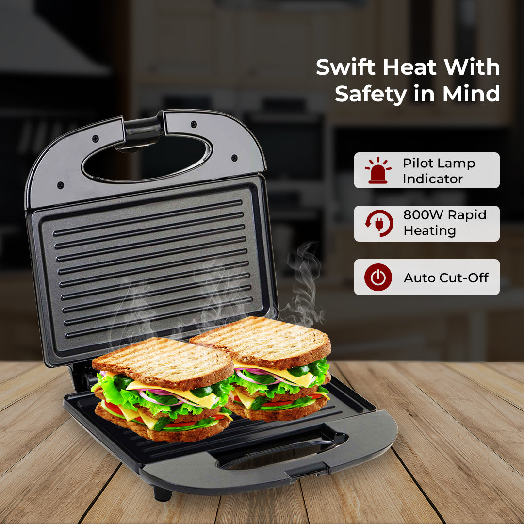 Cadlec PowerGrill 800W Sandwich Maker & Toaster | Non-Stick Plates, Oil-Free Grilling, Power Indicators | Sleek Metallic Black with 2-Year Warranty