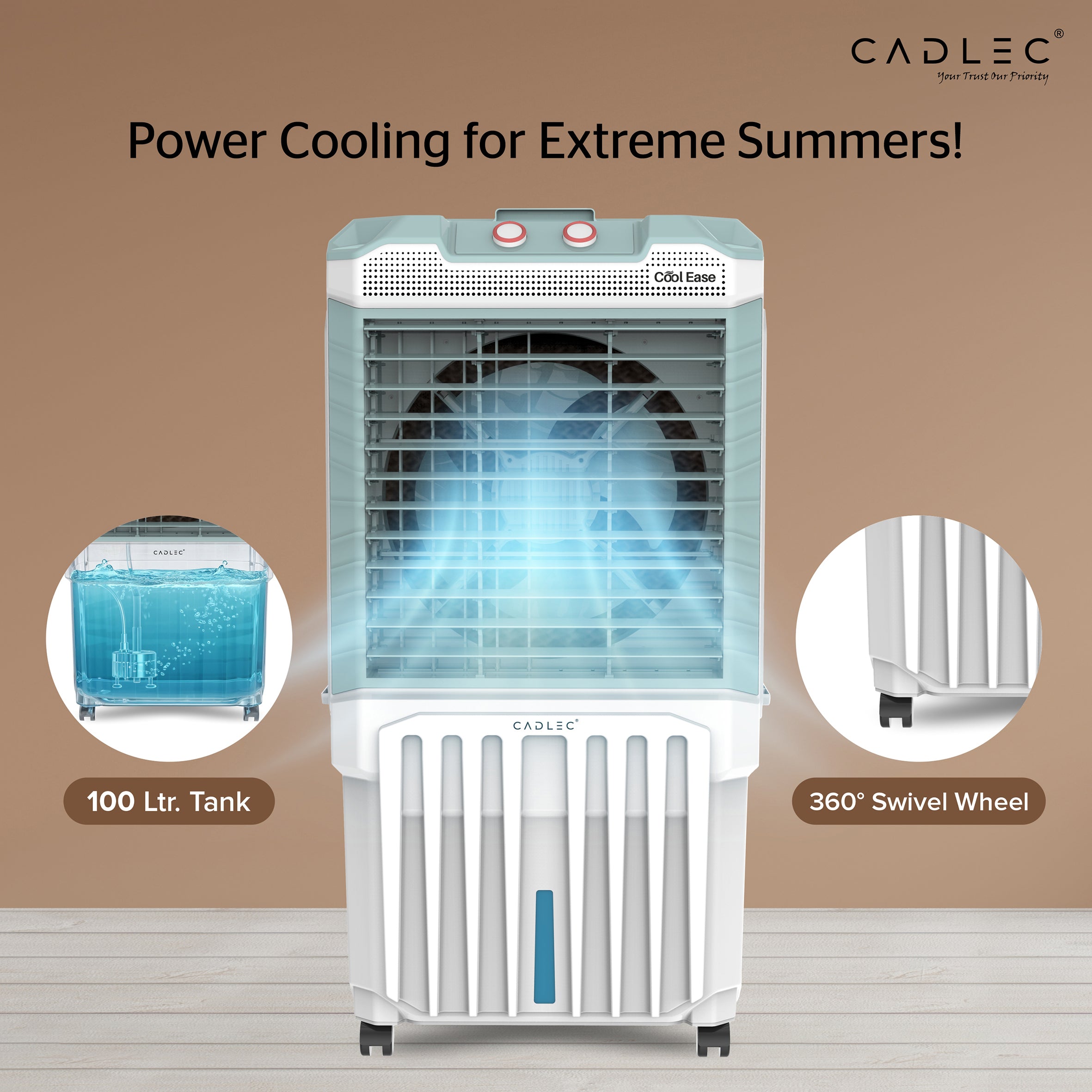 Cadlec CoolEase 100L Personal Air Cooler For Home | High Speed Fan | 30Ft Powerful Air Throw | Inverter Compatible | Cooler For Room | 1 Year Warranty