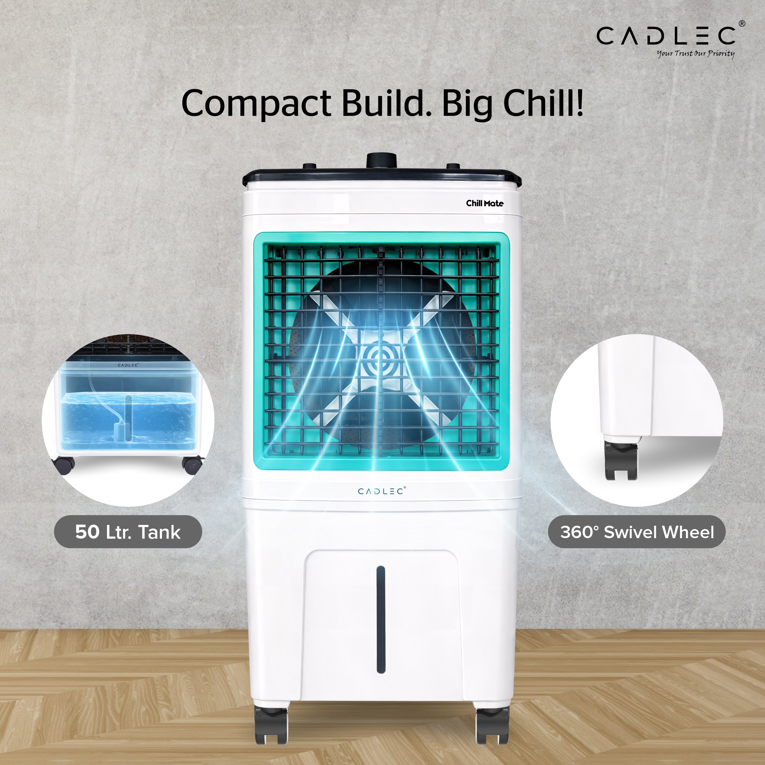 Cadlec ChillMate 50L Desert Air Cooler For Home, High Speed Fan with Powerful Air Throw, Inverter Compatible, Anti-Bacteria Honeycomb Pad with Ice Chamber, 3 Year Warranty | White