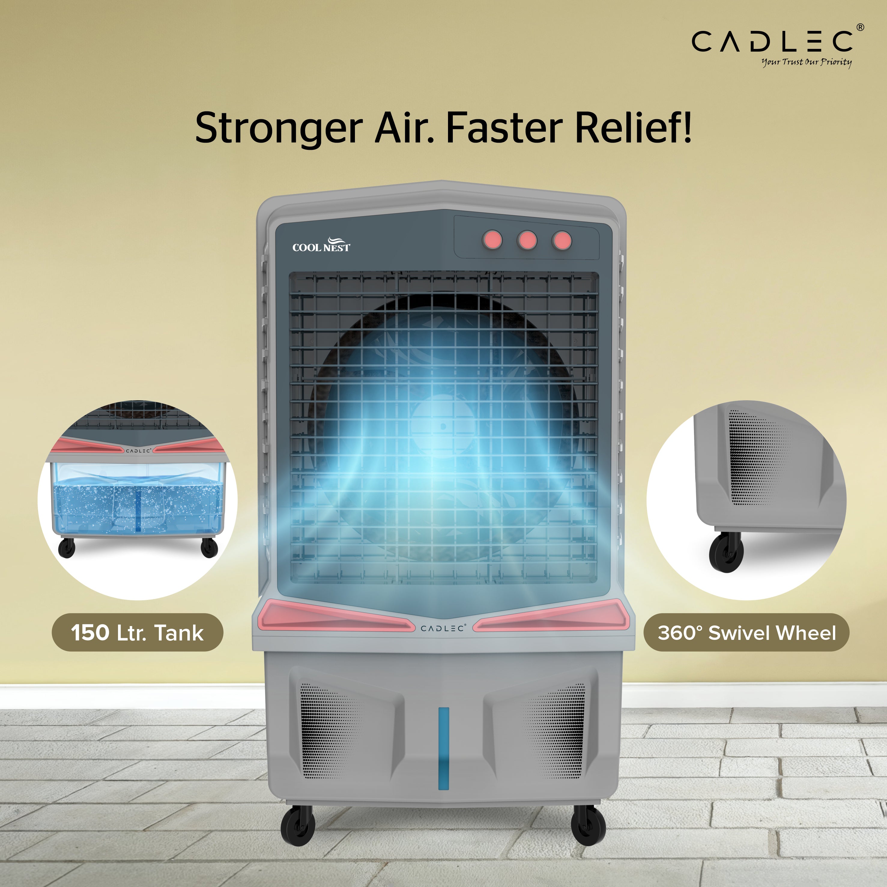 Cadlec CoolNest 150L Personal Air Cooler For Home | High Speed Fan | 30Ft Powerful Air Throw | Inverter Compatible | Cooler For Room | 1 Year Warranty
