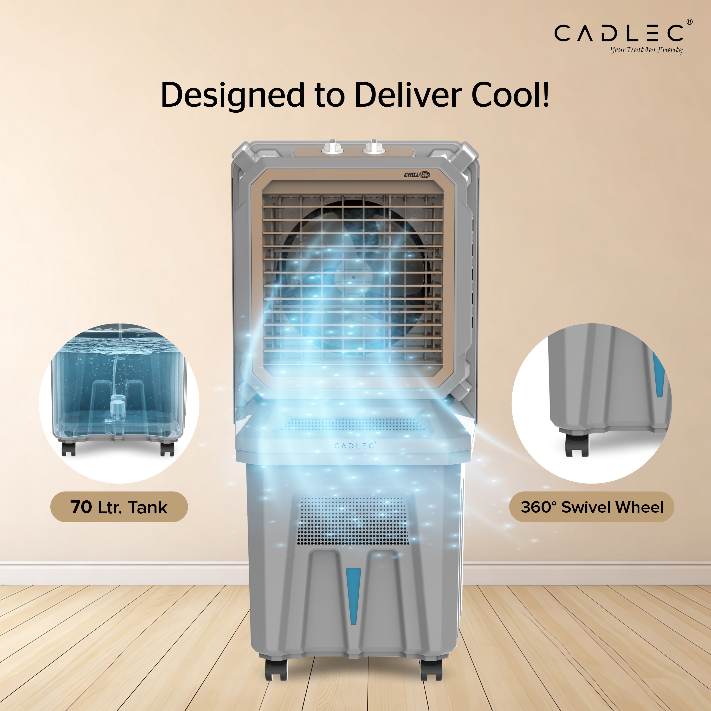 Cadlec ChillVibe 70L Air Cooler For Home | High Speed Fan | 30Ft Powerful Air Throw | Inverter Compatible | Cooler For Room | 3 Year Warranty