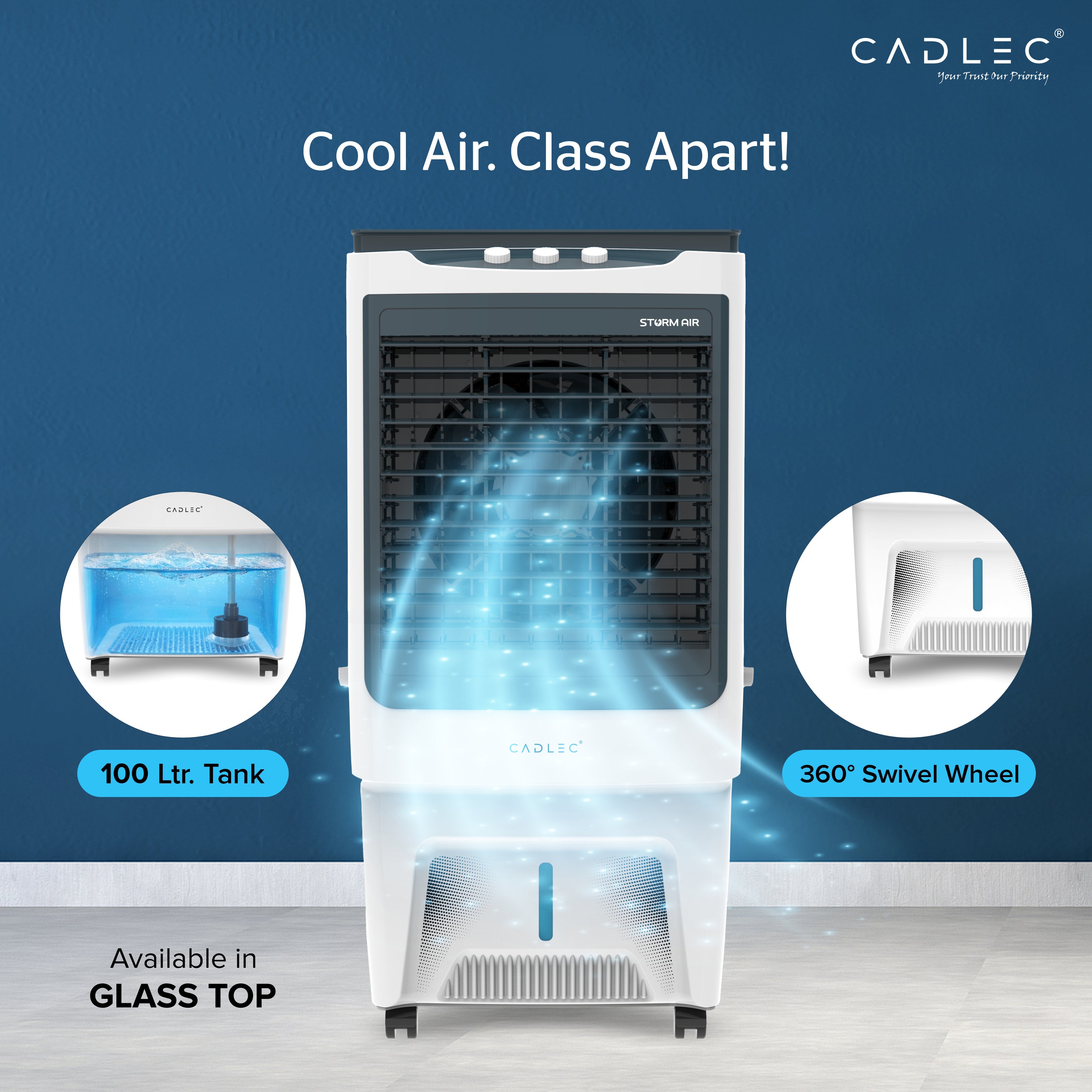 Cadlec StormAir 100L Desert Air Cooler, High Speed Fan with Powerful Air Throw, Inverter Compatible, Anti-Bacteria Honeycomb Pad, 3 Year Warranty | White