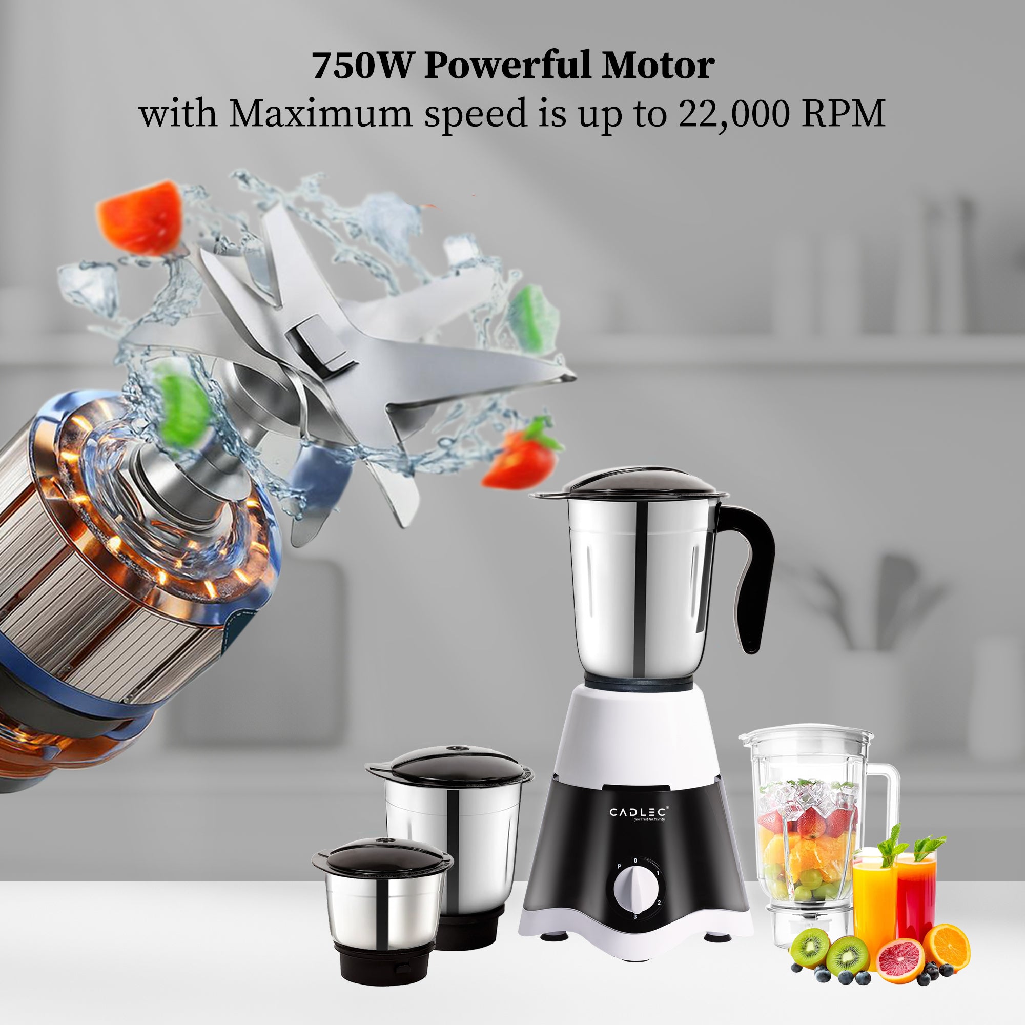 Cadlec JarGenie 4 Jar 750 Watt Mixer Grinder | High-Power Juicer, Blender & Mixer | Durable ABS Body | Multi-Function for Juicing & Blending | 2-Year Warranty