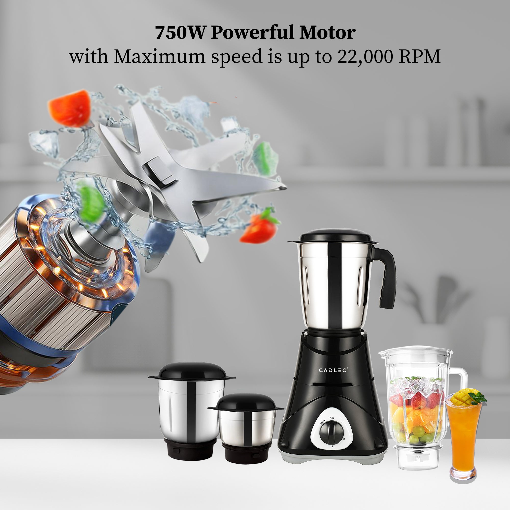 Cadlec MixWell 4 Jar 750 Watt Mixer Grinder | High-Power Juicer, Blender & Mixer | Durable ABS Body | Multi-Function for Juicing & Blending | 2-Year Warranty