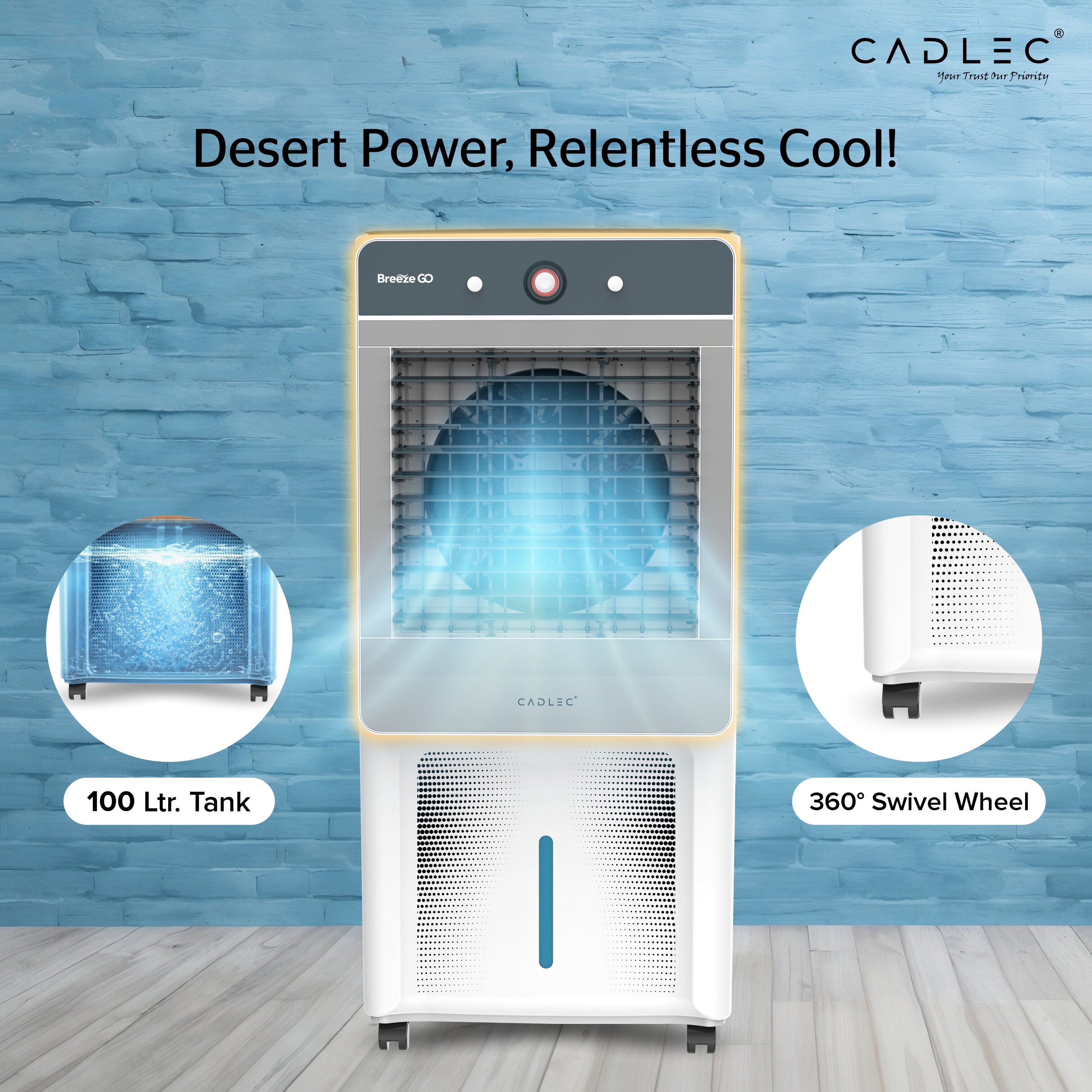 Cadlec BreezeGo 100L Desert Air Cooler | High Speed Fan | 30Ft Powerful Air Throw | Inverter Compatible | 3 Year Warranty