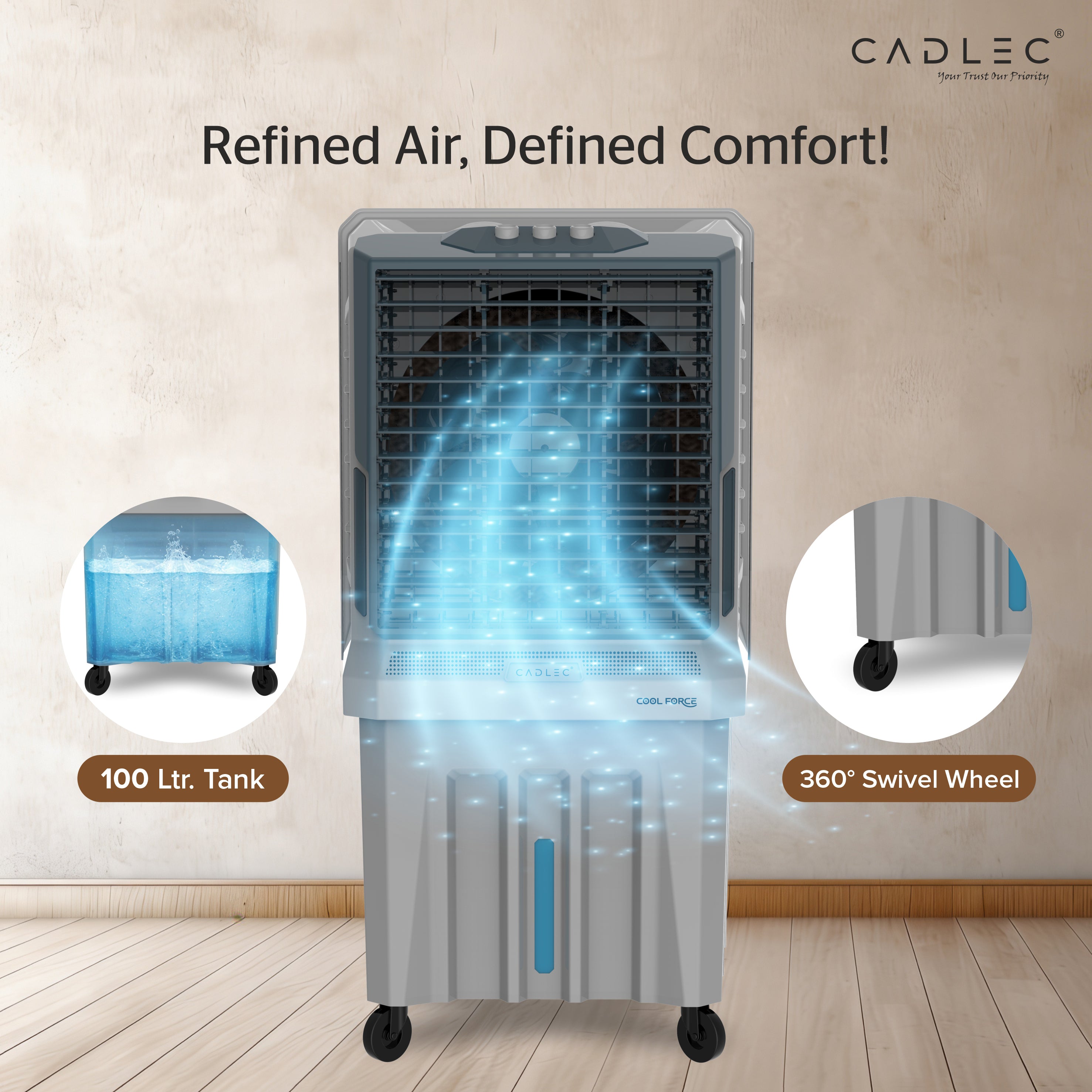 Cadlec CoolForce 100L Commercial Air Cooler For Home, High Speed Fan with Powerful Air Throw, Inverter Compatible, Anti-Bacteria Honeycomb Pad, 3 Year Warranty | Grey