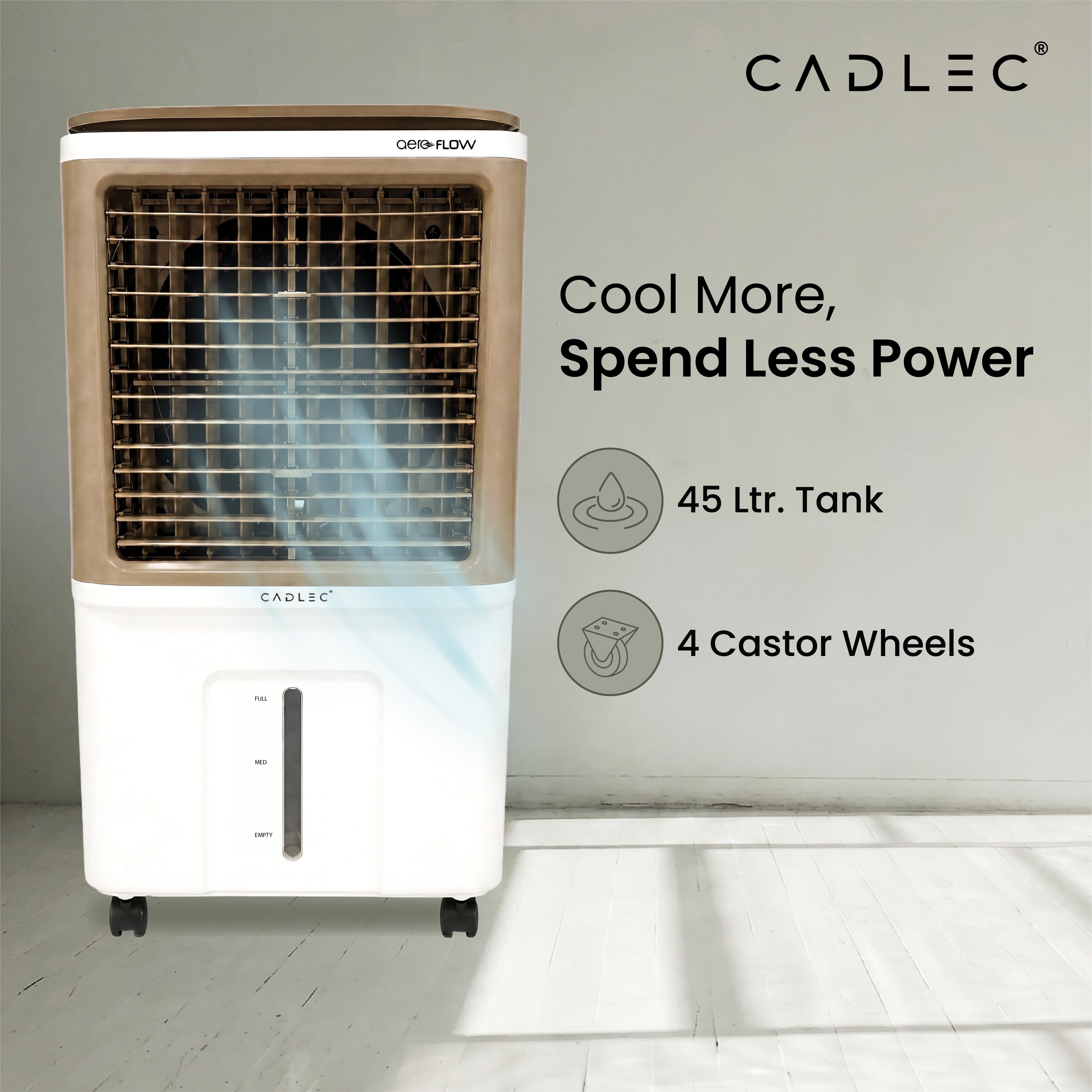 Cadlec AeroFlow 40L Personal Air Cooler For Home, High Speed Fan with Powerful Air Throw, Inverter Compatible, Anti-Bacteria Honeycomb Pad, 3 Year Warranty | White