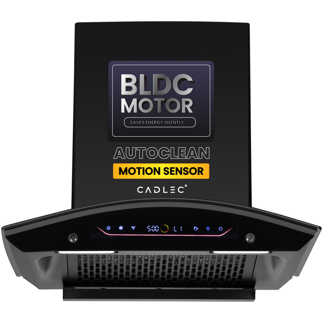 Cadlec CurveFlow 60cm Filterless Curve BLDC Kitchen Chimney | 1800 m³/hr Powerful Suction | Turbo Mode with Autoclean Technology | Feather Touch + Gesture Control | 12-Year Warranty (Black)