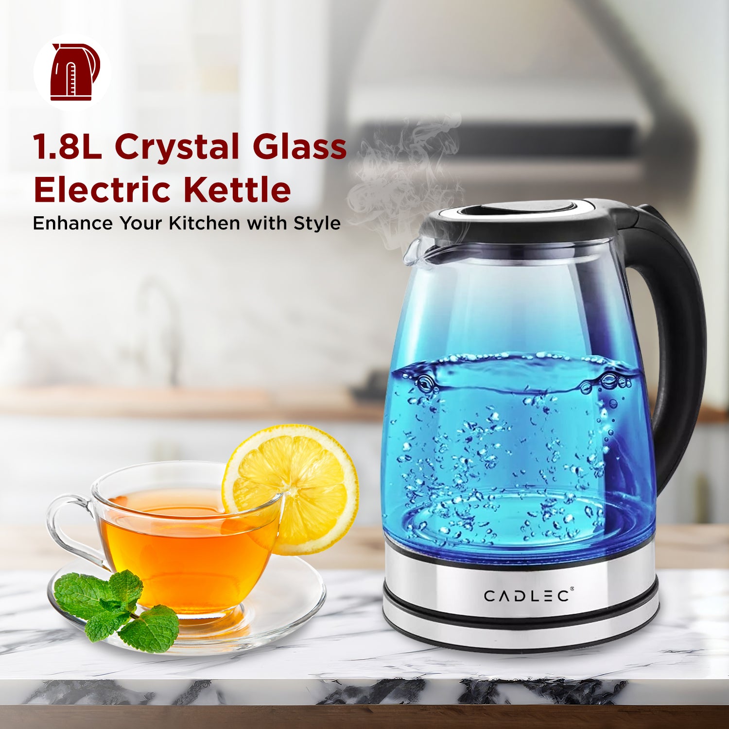 Cadlec 1.8 Litre Electric Glass Kettle with LED Illumination | Borosilicate Glass Body, Auto Cut-Off, Boil Drying Protection, 2-Year Warranty