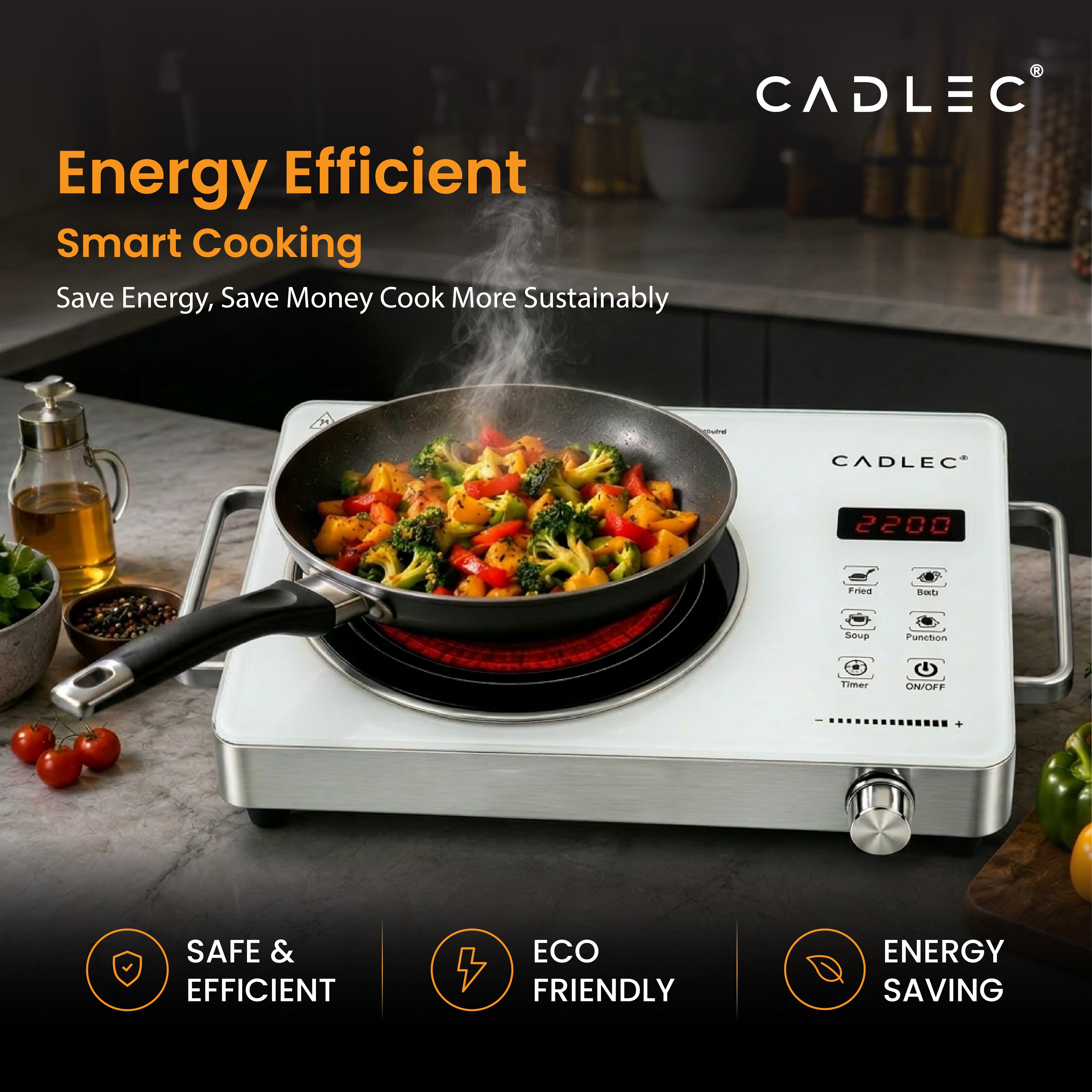 Cadlec HeatBlaze 2200W Infrared Cooktop Stove with Grill Rack for Barbecue, Crystal Glass Plate, Digital Display, Touch Control, Infrared Hot Plate (White)